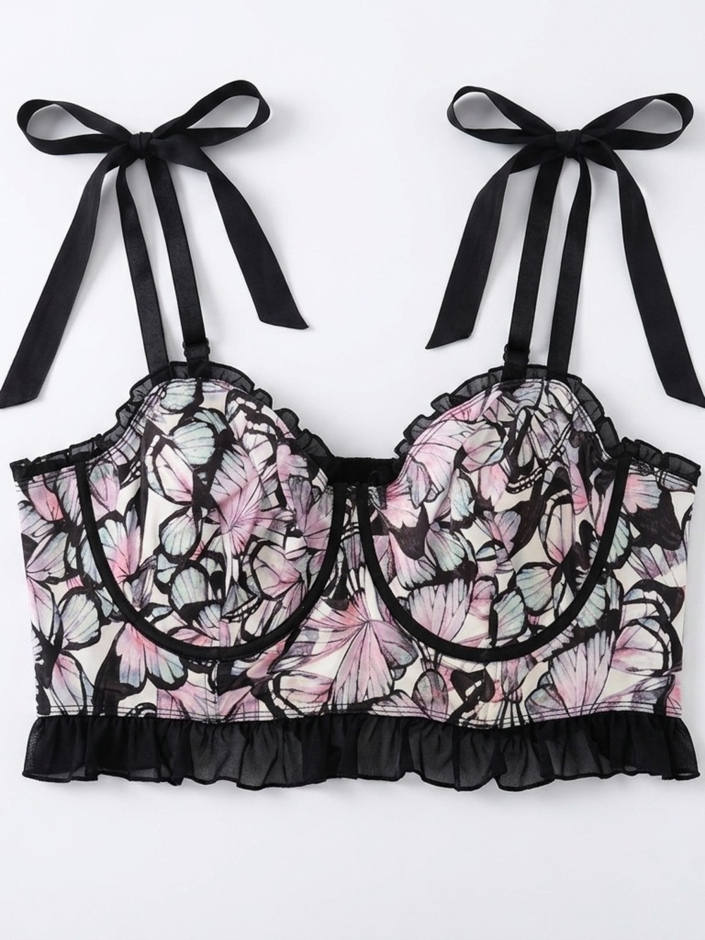 Sheer Butterfly Lace Underwire Bralette in Pastel Multi and Black 4X
